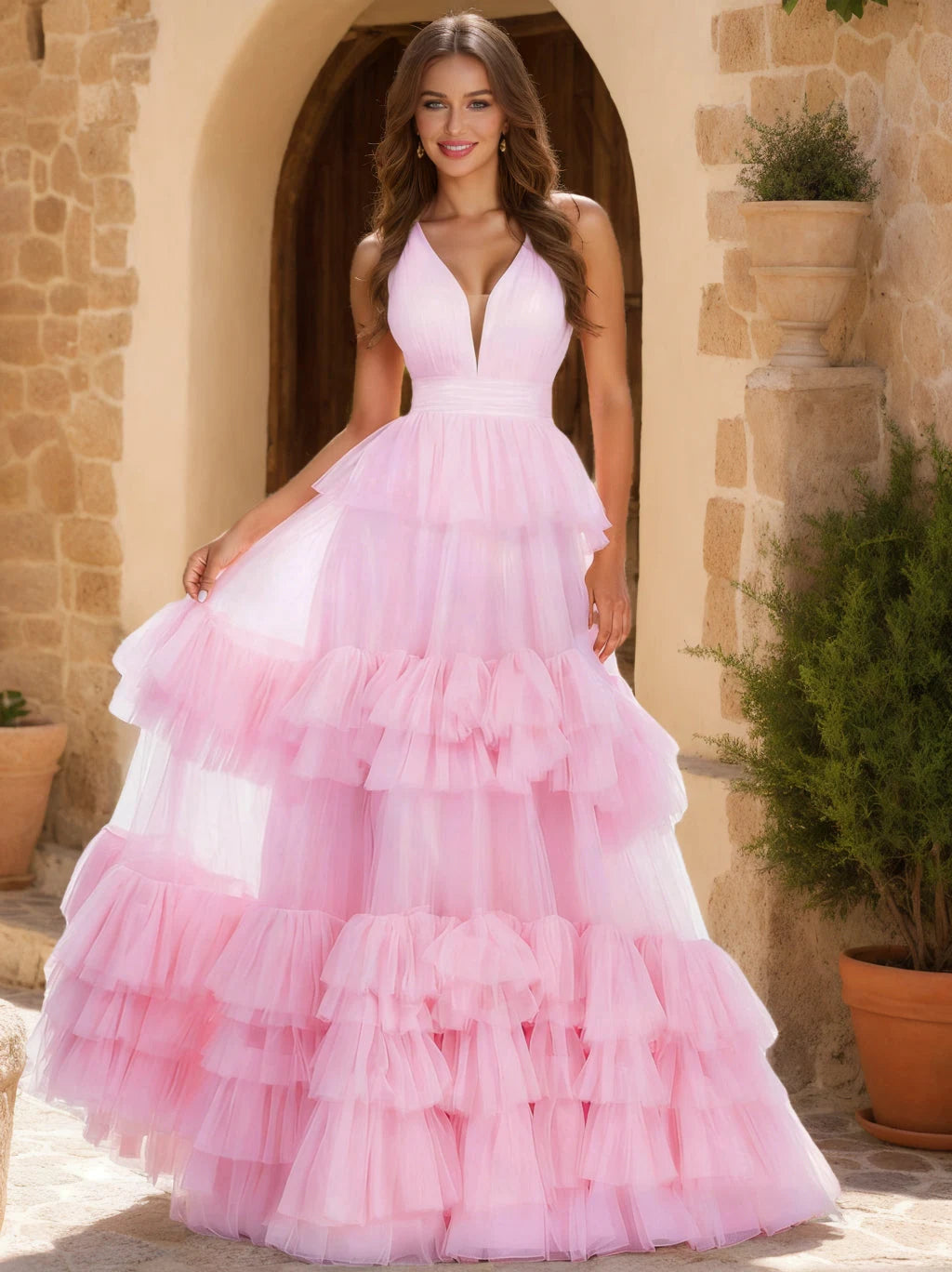 Dreamy A-Line V-Neck Sleeveless Tiered Ruffled Pink Floor-Length Prom Gown