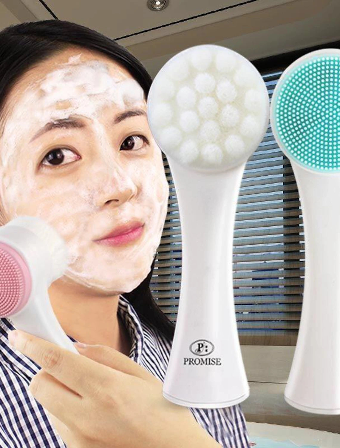 Dual-sided silicone facial cleansing brush with 3D stand.
