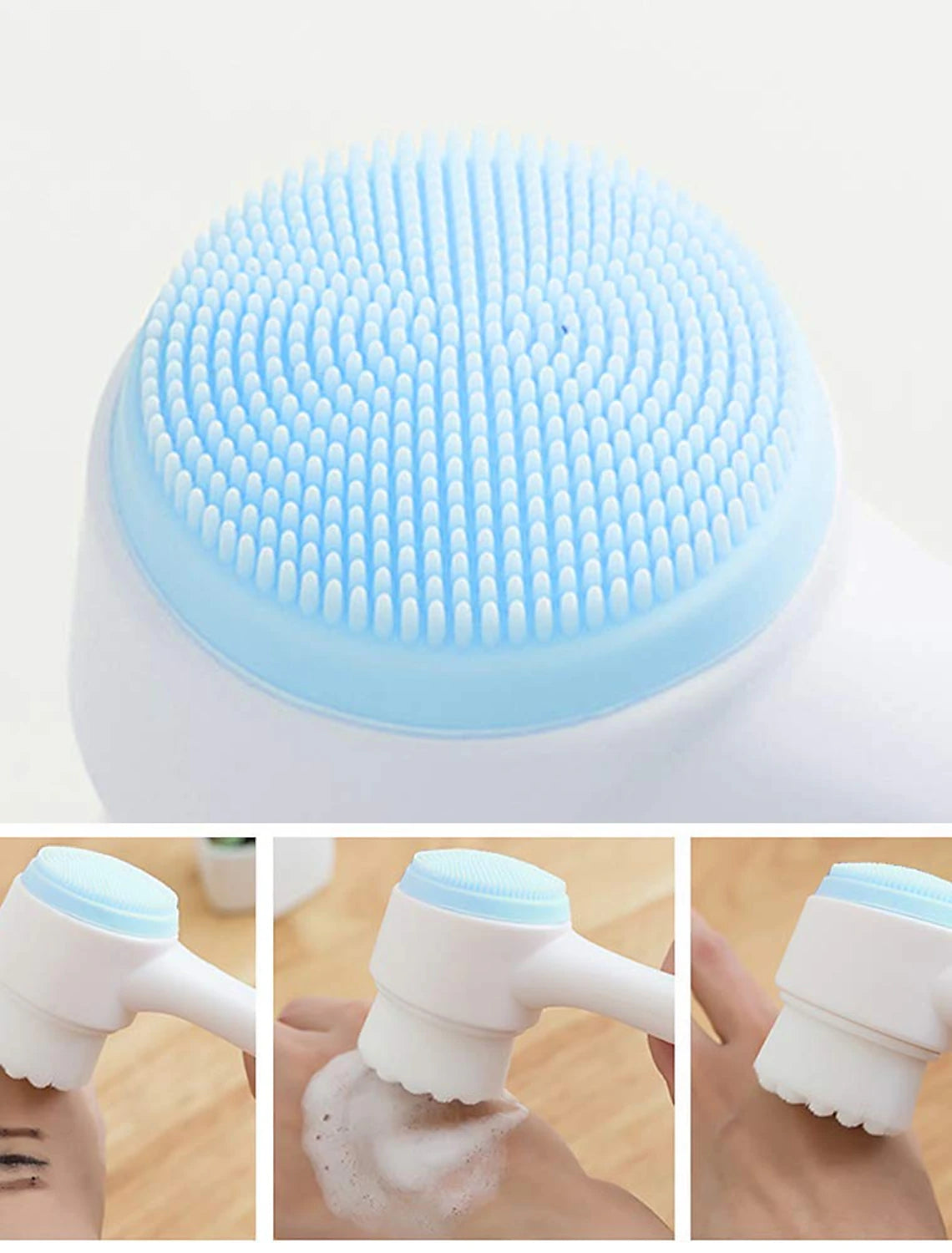 Portable silicone face wash brush with its integrated 3D stand.