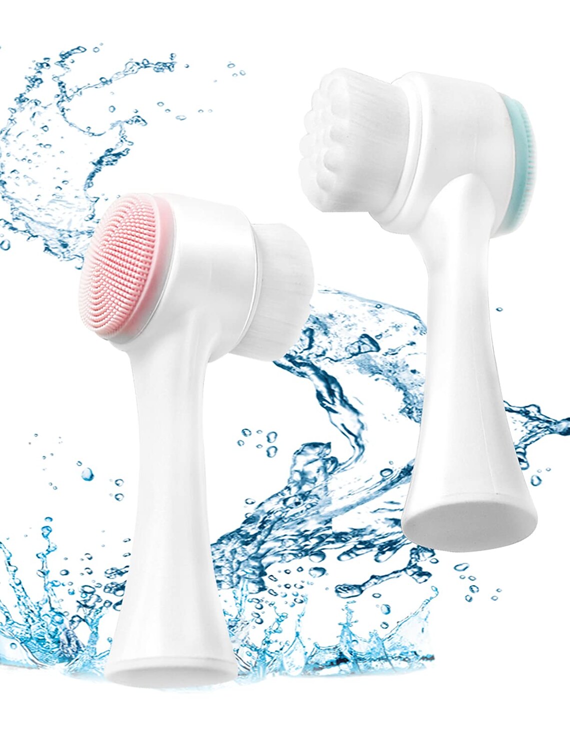 Hand holding the ergonomic dual-sided silicone facial scrubber.