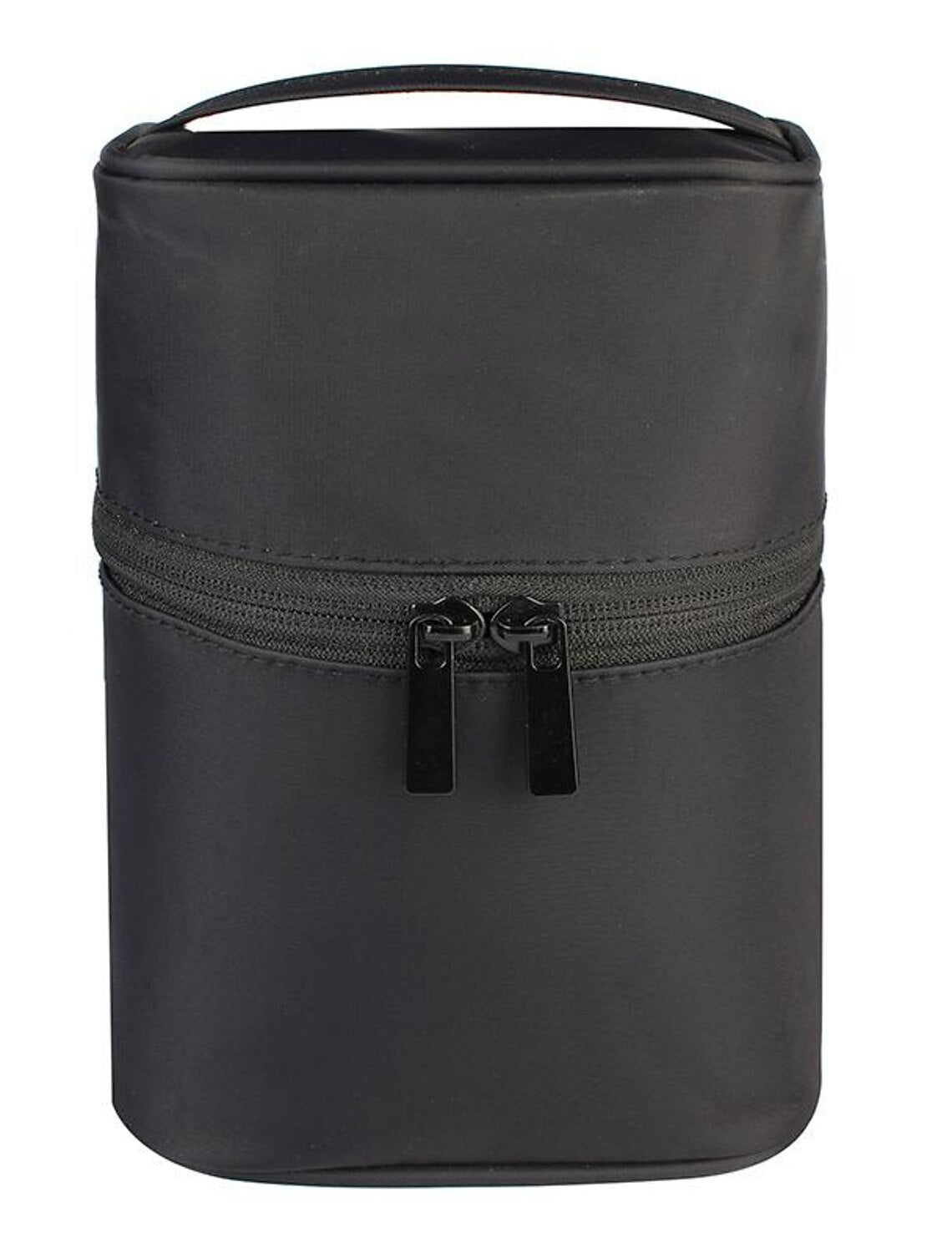 Open hard shell cosmetic bag showing mesh pockets and elastic loops.