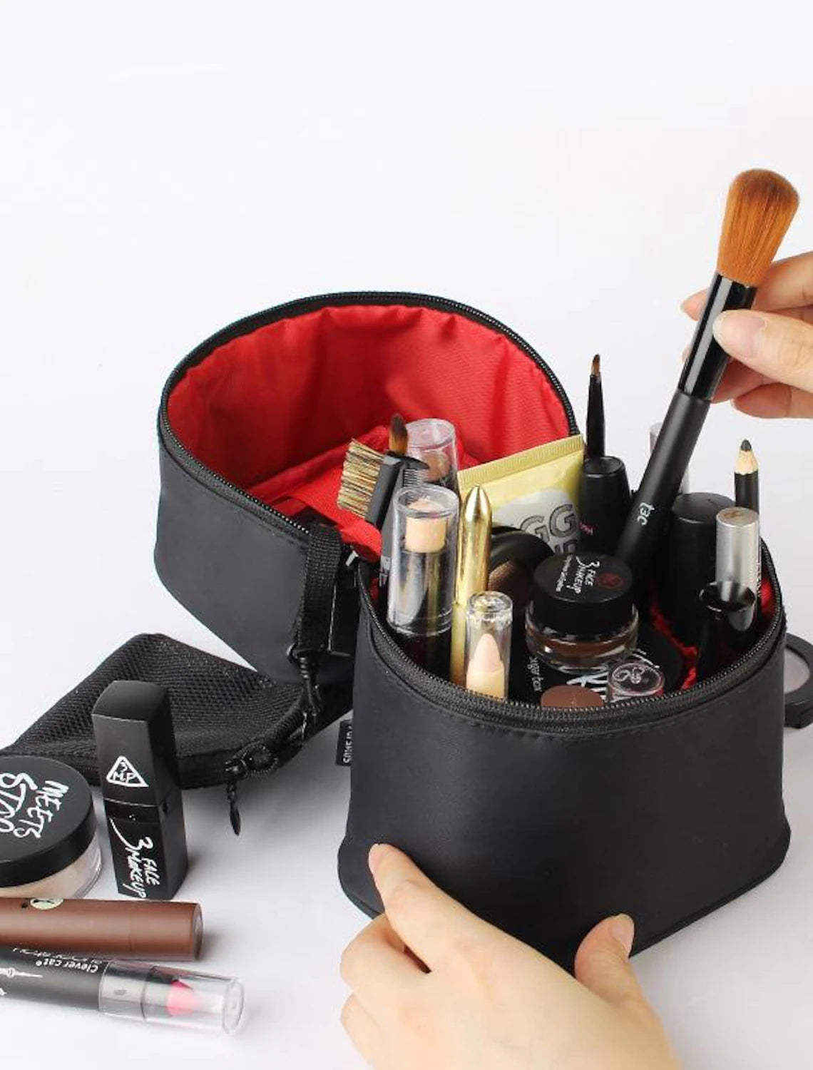 Interior view of a travel storage bag with multiple compartments.