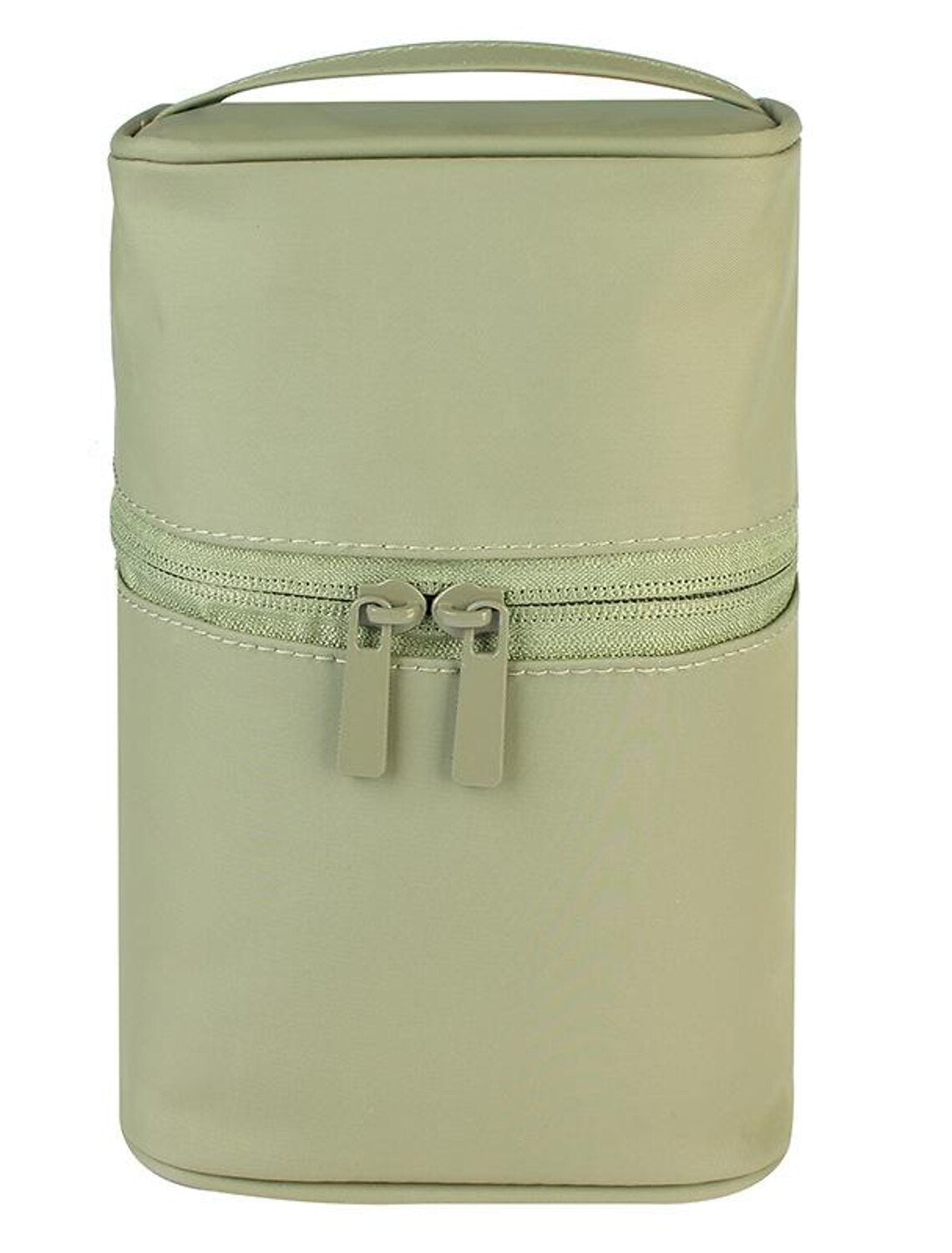 Portable cosmetic organizer bag, closed and ready for travel.