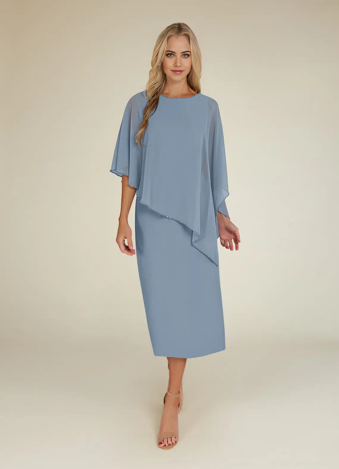 Elegant Dusty Blue Sheath Mother of the Bride Gown with sequins and chiffon.