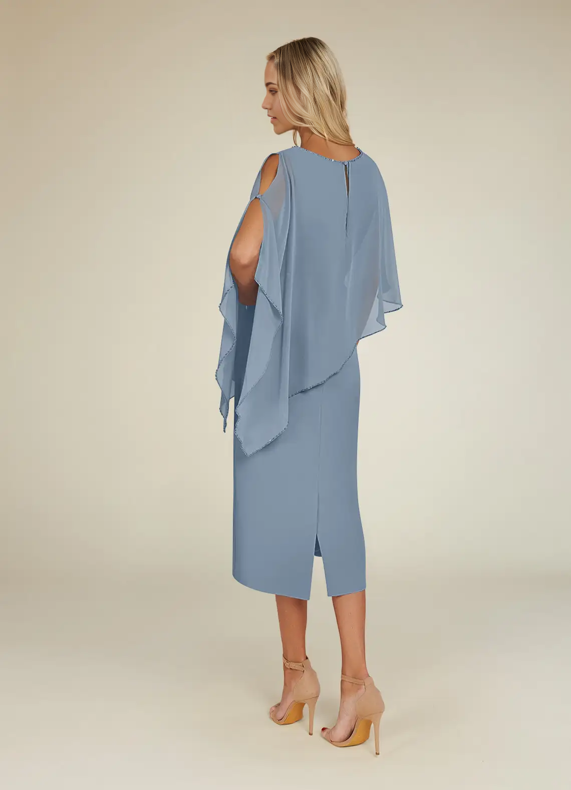 Close-up of the sequined bodice and crew neck on the dusty blue gown.