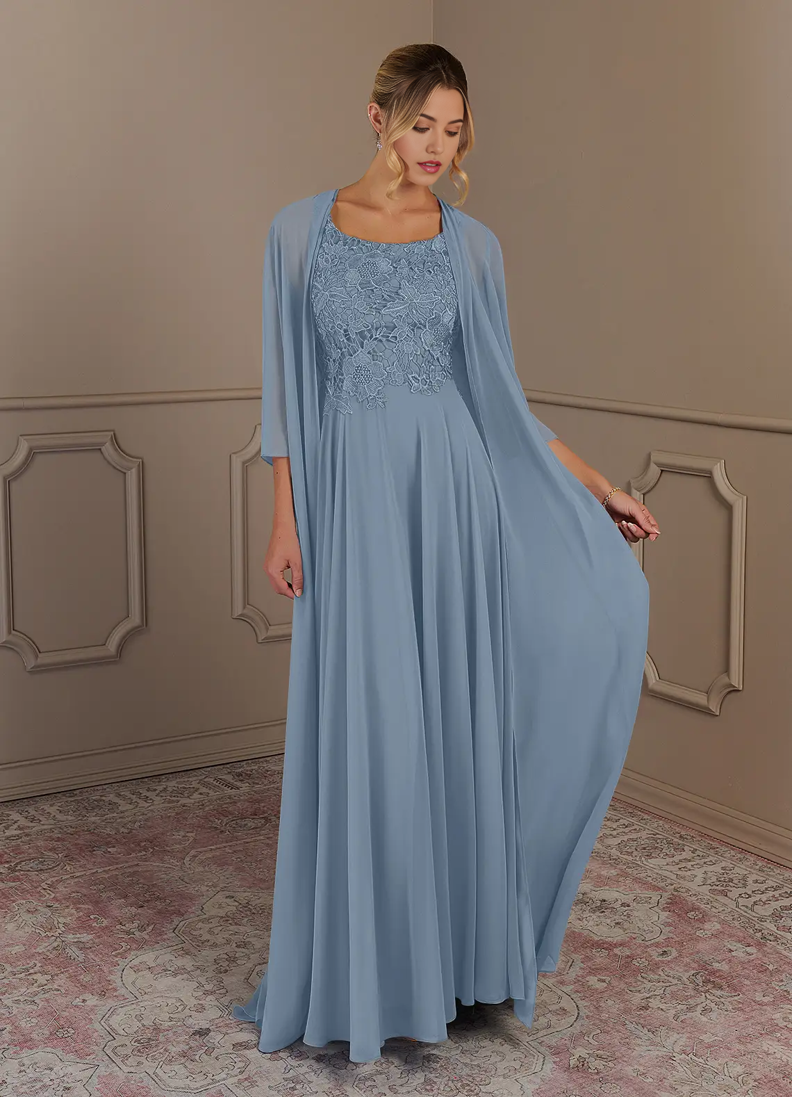 Full view of the dusty blue two-piece A-line dress with lace bodice and chiffon skirt.