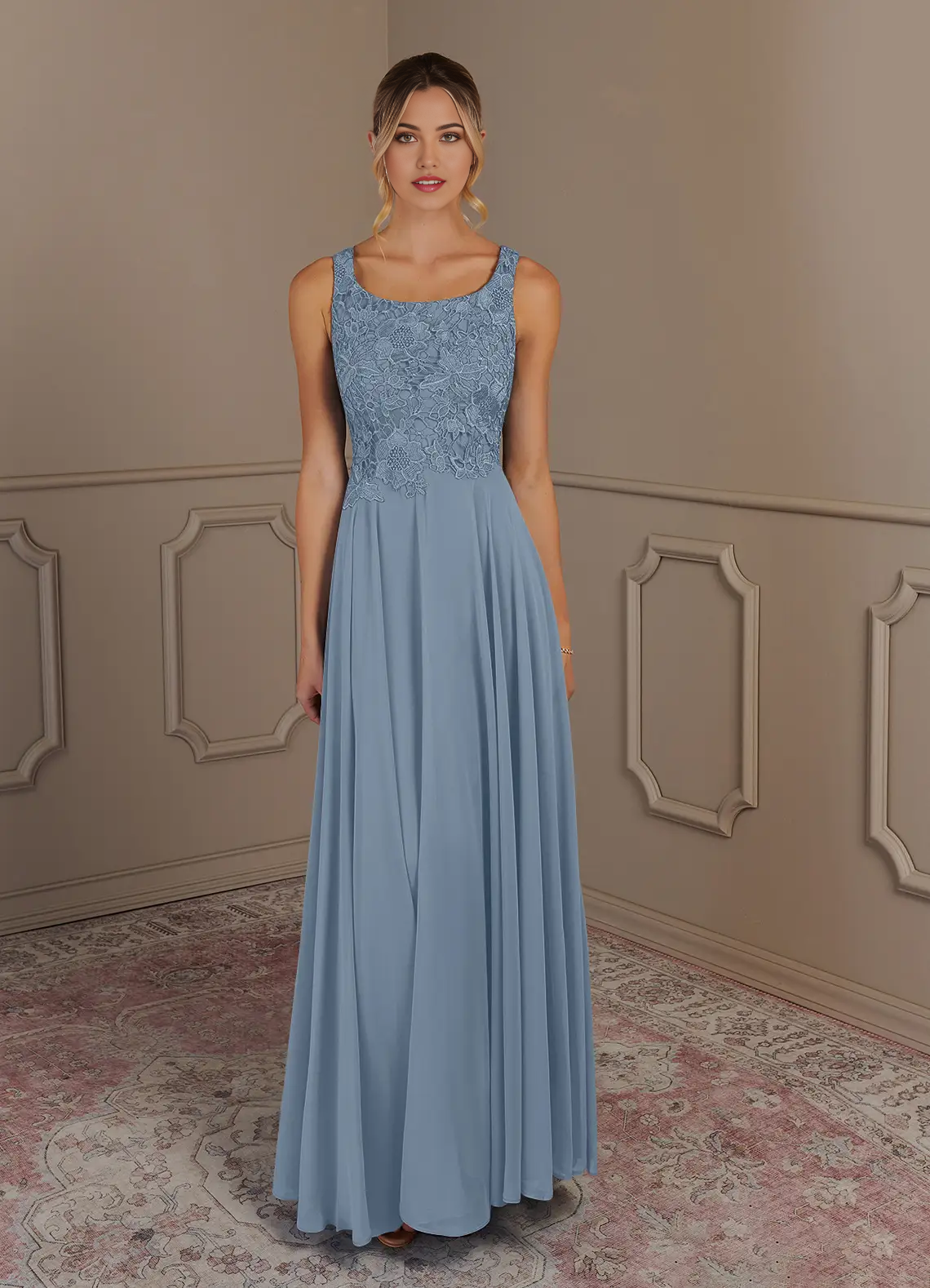 Close-up of the lace V-neck bodice and short sleeves of the dusty blue dress.