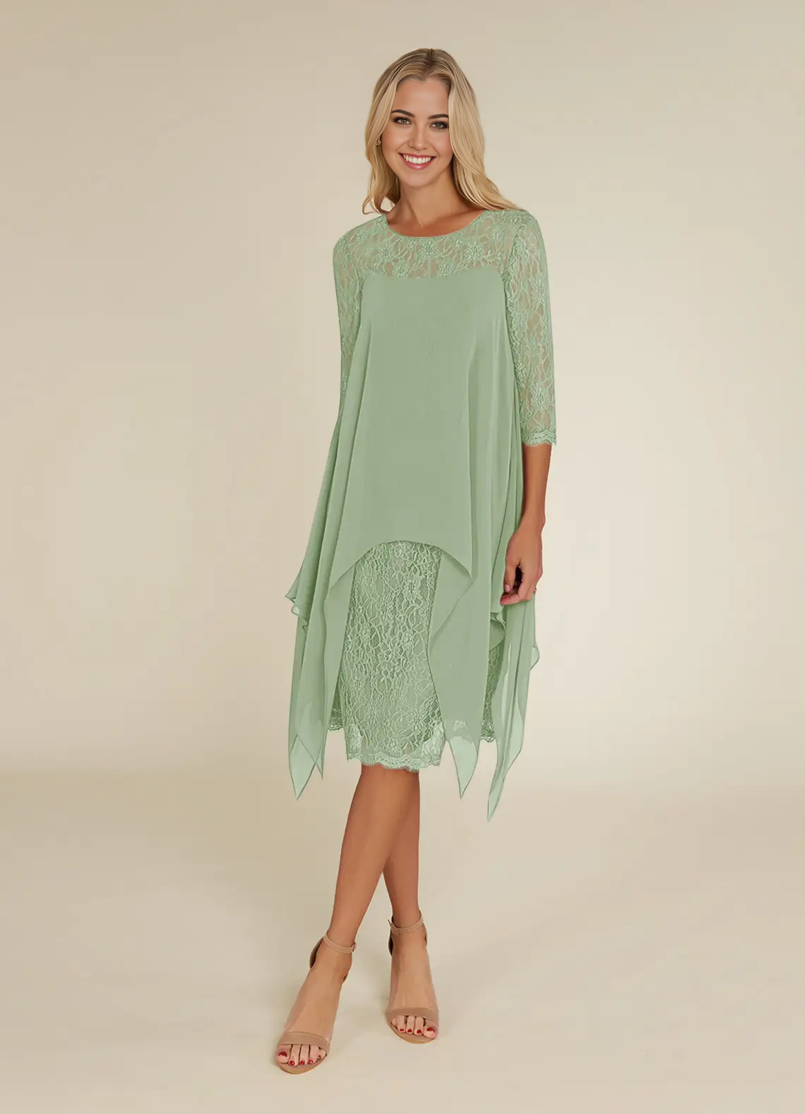 Back view of a woman in a Dusty Sage A-Line lace chiffon V-neck dress.