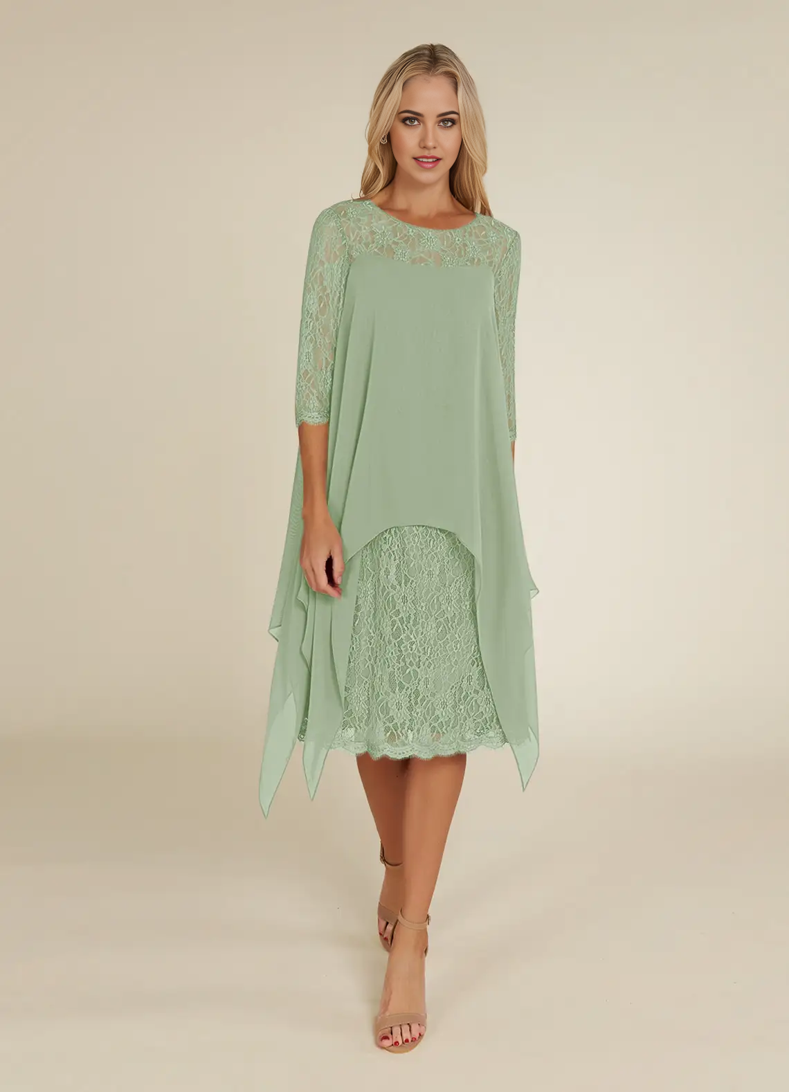 Side view of a woman in a Dusty Sage A-Line lace chiffon V-neck formal gown.