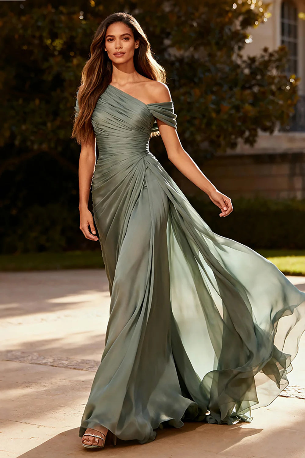 Dusty Sage A-Line formal dress with V-neck, ruched bodice, and side cape.