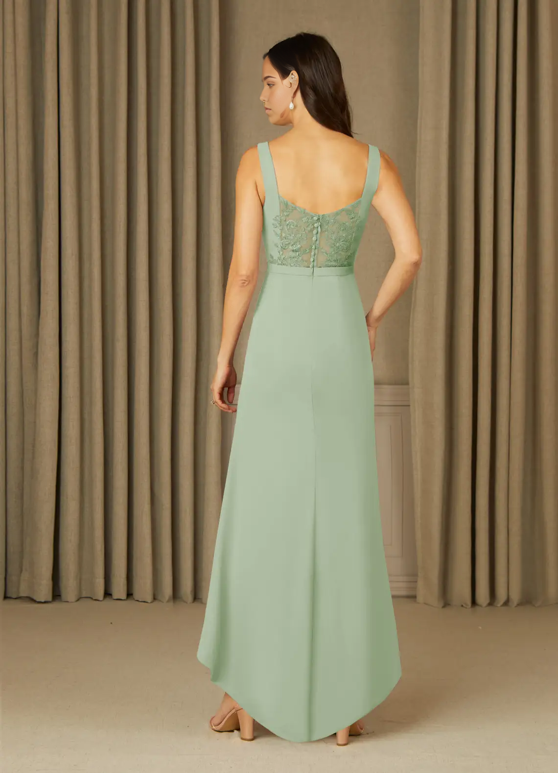 Side view of the Dusty Sage Mermaid Lace Chiffon V-Neck formal dress.