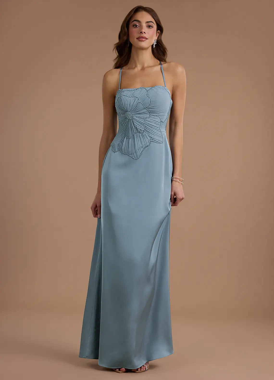 Dusty Blue Satin Prom Dress with Beaded Floral Bodice and Criss Cross Back for Formal Events and Evening Occasions