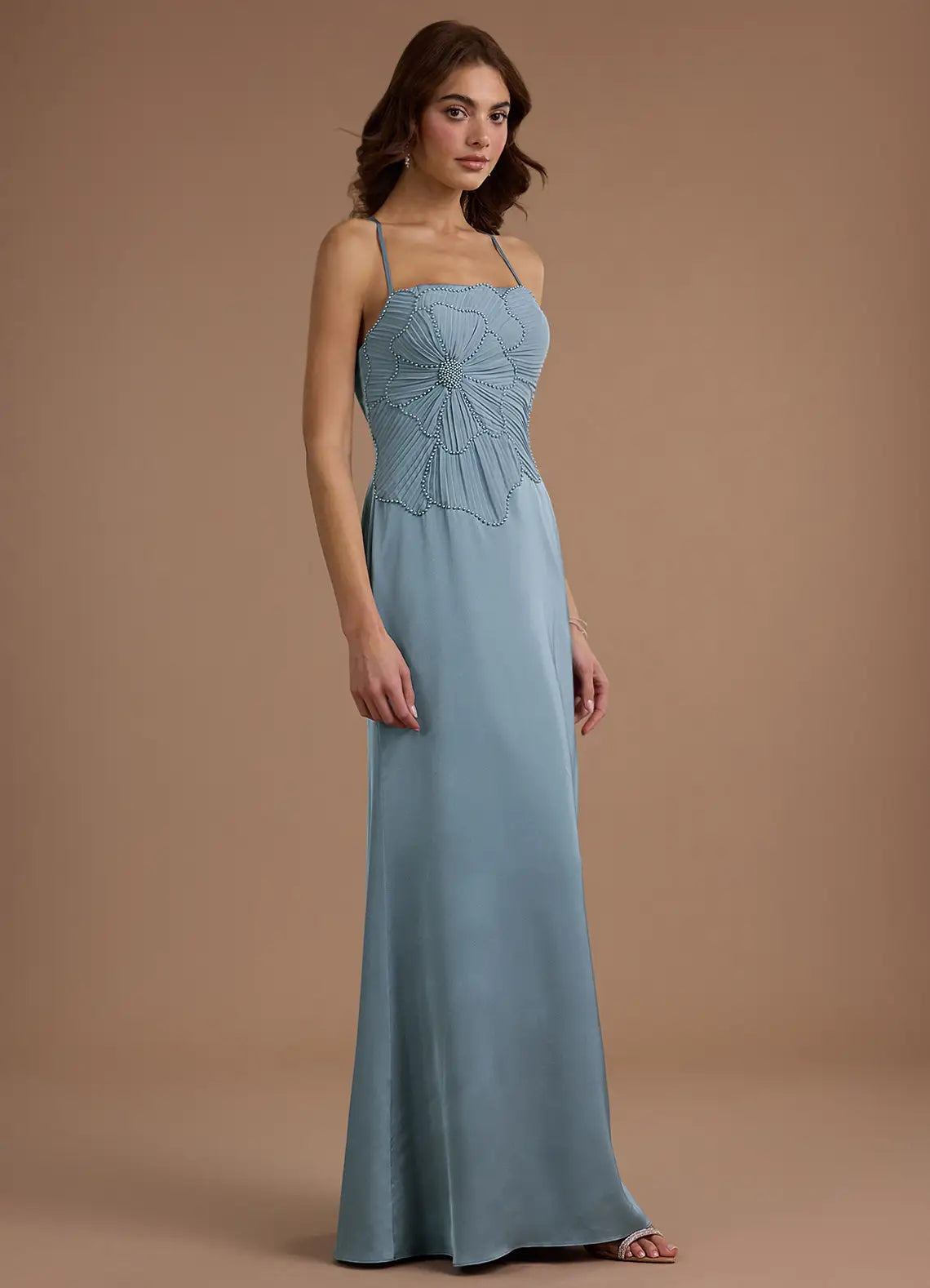 Dusty Blue Satin Prom Dress with Beaded Floral Bodice and Criss Cross Back for Formal Events and Evening Occasions