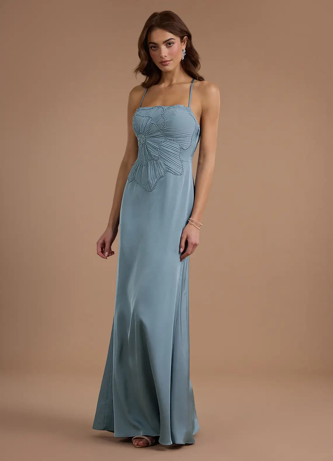Dusty Blue Satin Prom Dress with Beaded Floral Bodice and Criss Cross Back for Formal Events and Evening Occasions