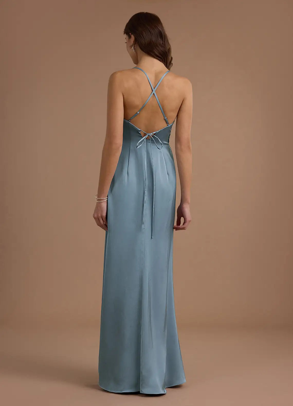 Dusty Blue Satin Prom Dress with Beaded Floral Bodice and Criss Cross Back for Formal Events and Evening Occasions