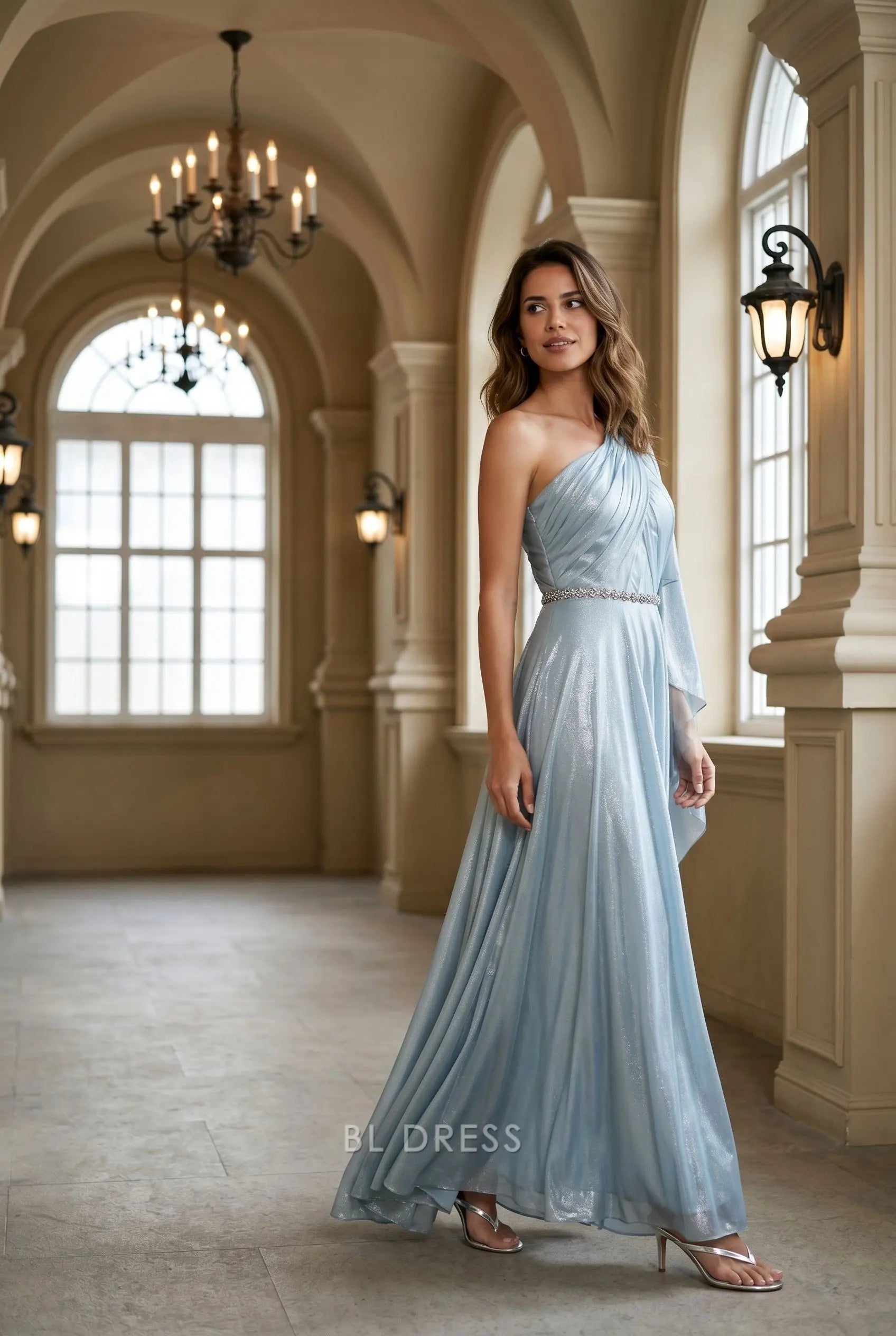 Dusty Blue Shimmer Chiffon One Shoulder Draped Cape Sleeve Rhinestone Waist Maxi Prom Dress