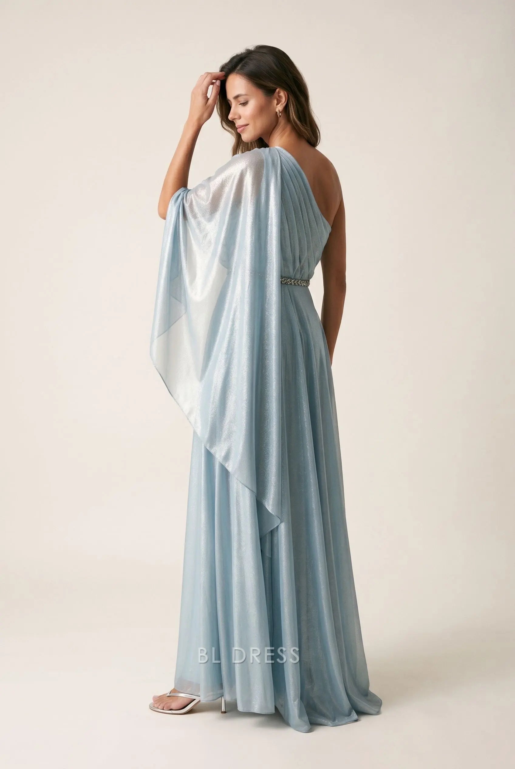 Dusty Blue Shimmer Chiffon One Shoulder Draped Cape Sleeve Rhinestone Waist Maxi Prom Dress