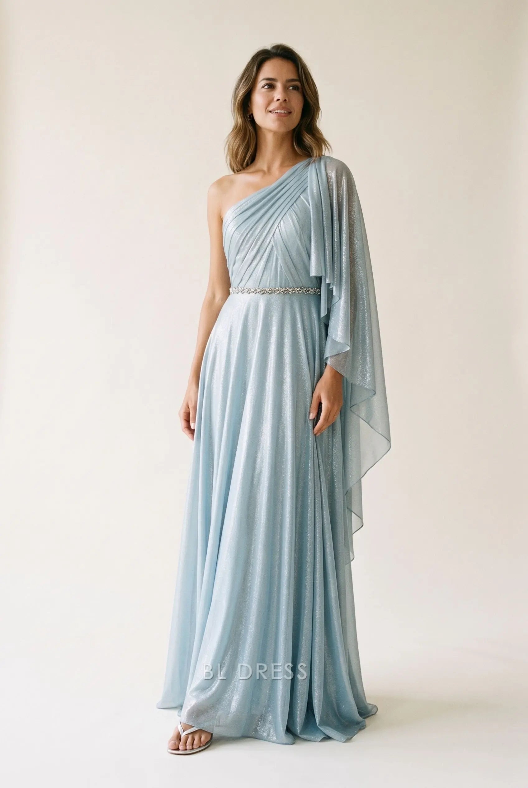 Dusty Blue Shimmer Chiffon One Shoulder Draped Cape Sleeve Rhinestone Waist Maxi Prom Dress