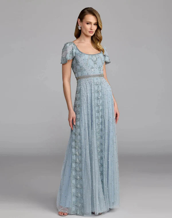 Dusty Blue Short Sleeve Beaded A Line Floor Length Formal Evening Prom Dress