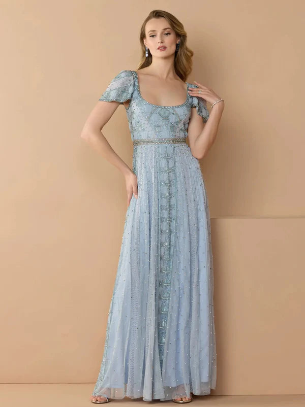 Dusty Blue Short Sleeve Beaded A Line Floor Length Formal Evening Prom Dress