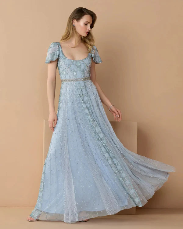 Dusty Blue Short Sleeve Beaded A Line Floor Length Formal Evening Prom Dress
