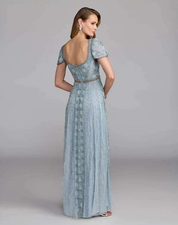 Dusty Blue Short Sleeve Beaded A Line Floor Length Formal Evening Prom Dress
