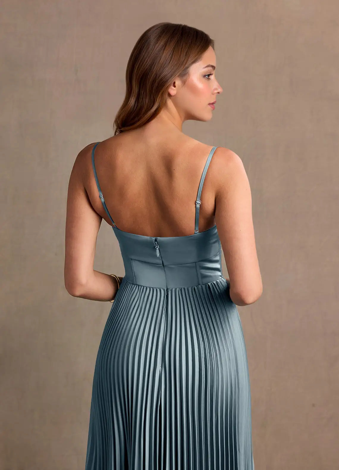 Dusty Blue Spaghetti Strap Prom Dress With Sweetheart Neck Knotted Bodice High Slit And Pleated Satin A Line Formal Prom Dress