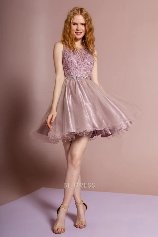 Dusty Lavender Sleeveless All Over Lace Rhinestone Waistband Ruffled Tulle A-Line Mini Homecoming Dress