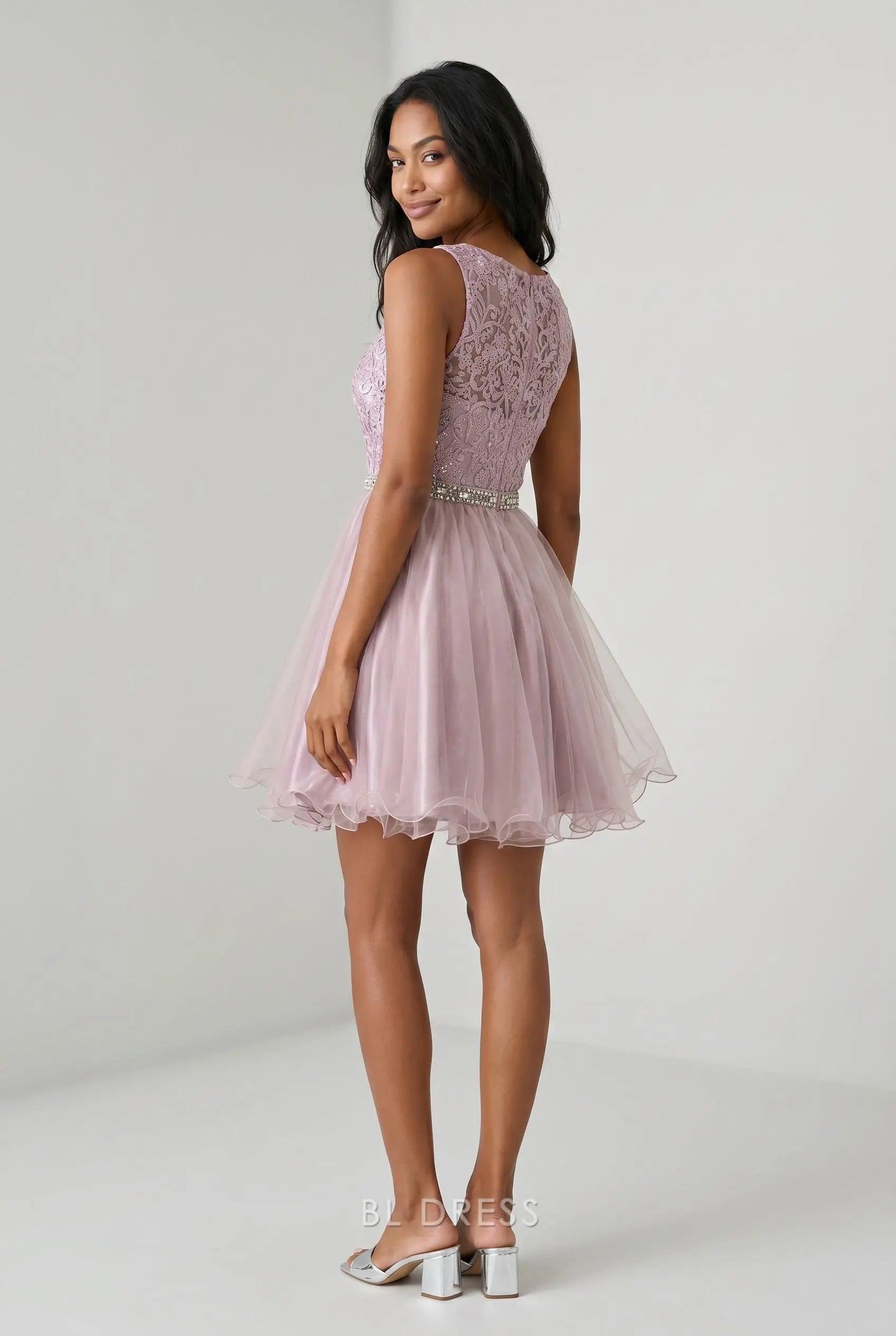 Dusty Lavender Sleeveless All Over Lace Rhinestone Waistband Ruffled Tulle A-Line Mini Homecoming Dress