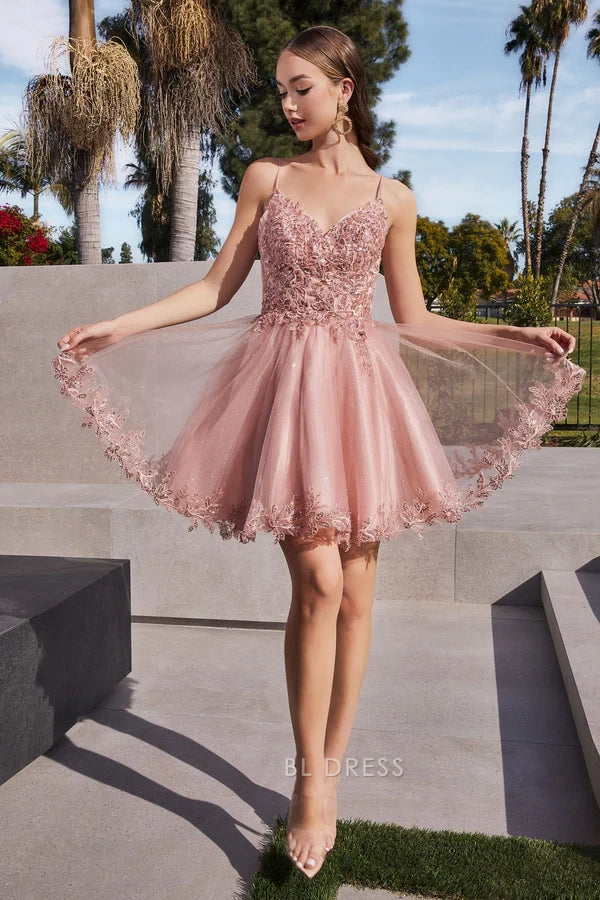 Dusty Pink 3D Floral Lace V Neck Spaghetti Strap Deep V Back Glitter Tulle Skater Homecoming Mini Dress