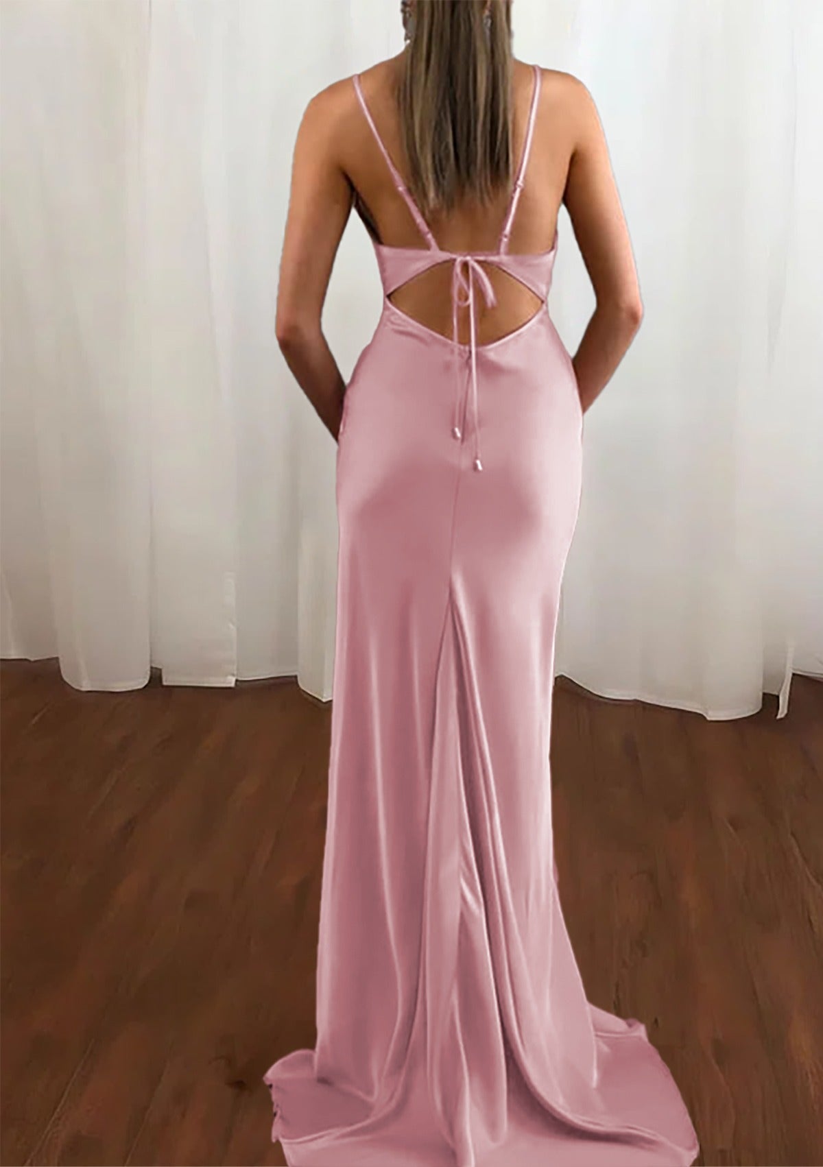 Dusty Pink Cowl Neck Spaghetti Strap Open Back Satin Mermaid Long Formal Evening Prom Dress