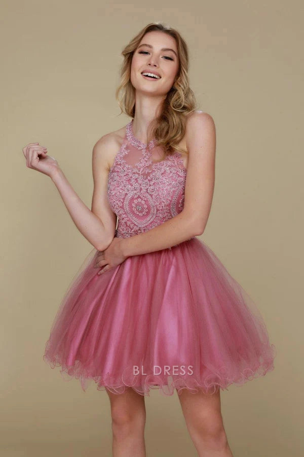 Dusty Pink Halter Beaded Lace Multi Strap Open Back Ruffled Tulle Skater Mini Homecoming Dress