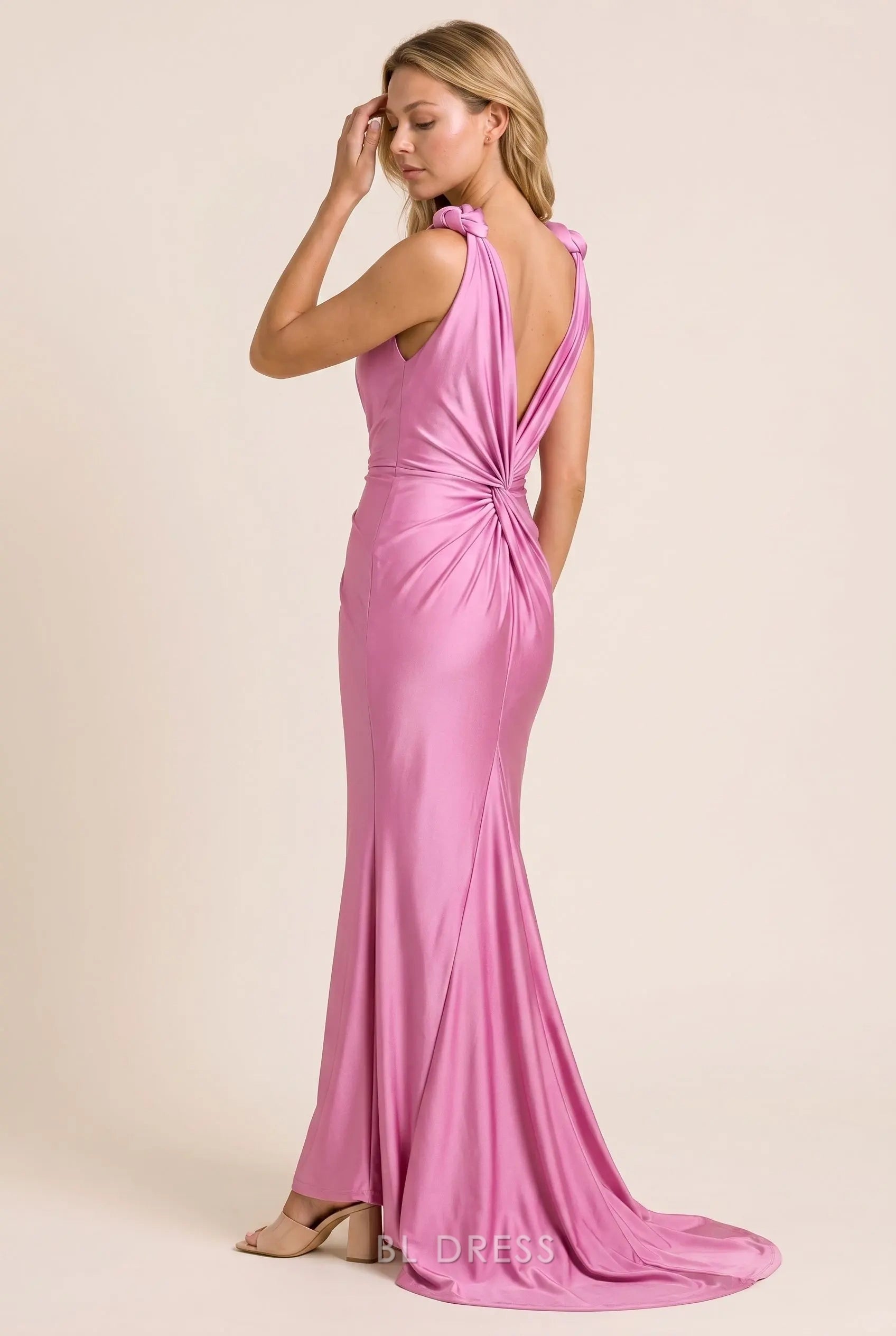 Dusty Pink Satin Mermaid Deep V Neck Knotted Strap Twisted Open Back Train Floor Length Formal Evening Prom Dress