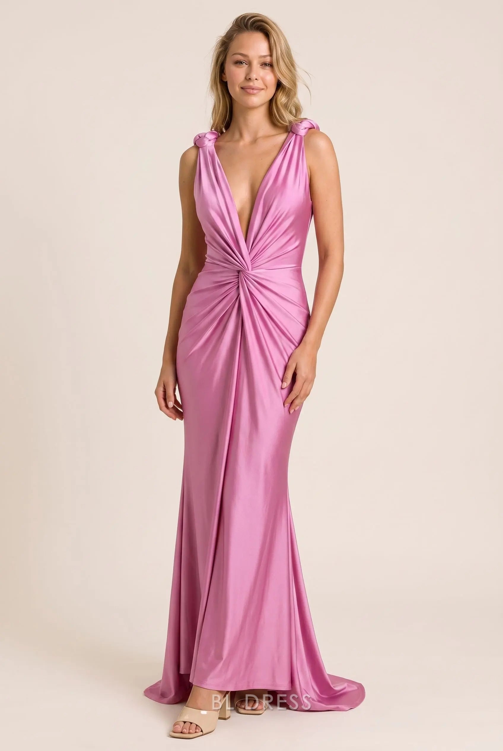 Dusty Pink Satin Mermaid Deep V Neck Knotted Strap Twisted Open Back Train Floor Length Formal Evening Prom Dress