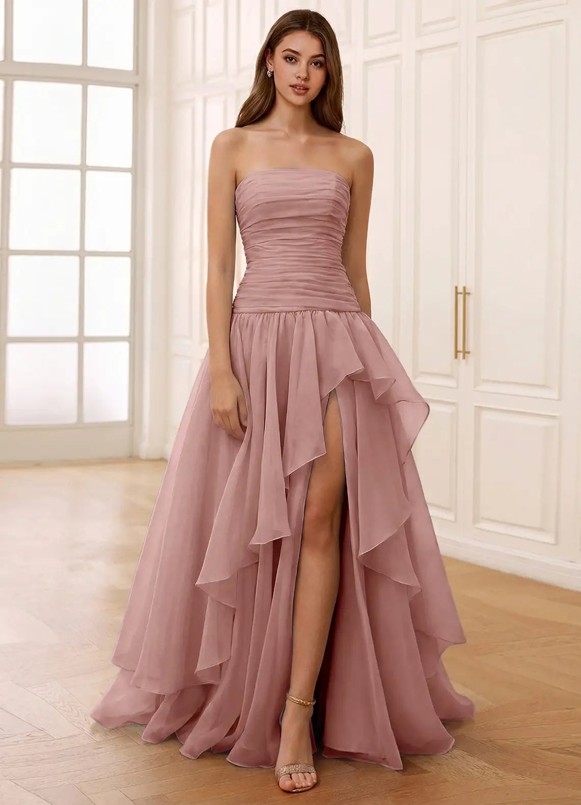 Dusty Pink Strapless Prom Dress With Ruched Bodice Corset Back Tiered Ruffle High Slit And Chiffon A Line Formal Prom Dress