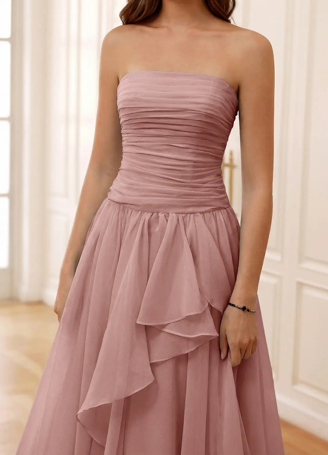 Dusty Pink Strapless Prom Dress With Ruched Bodice Corset Back Tiered Ruffle High Slit And Chiffon A Line Formal Prom Dress