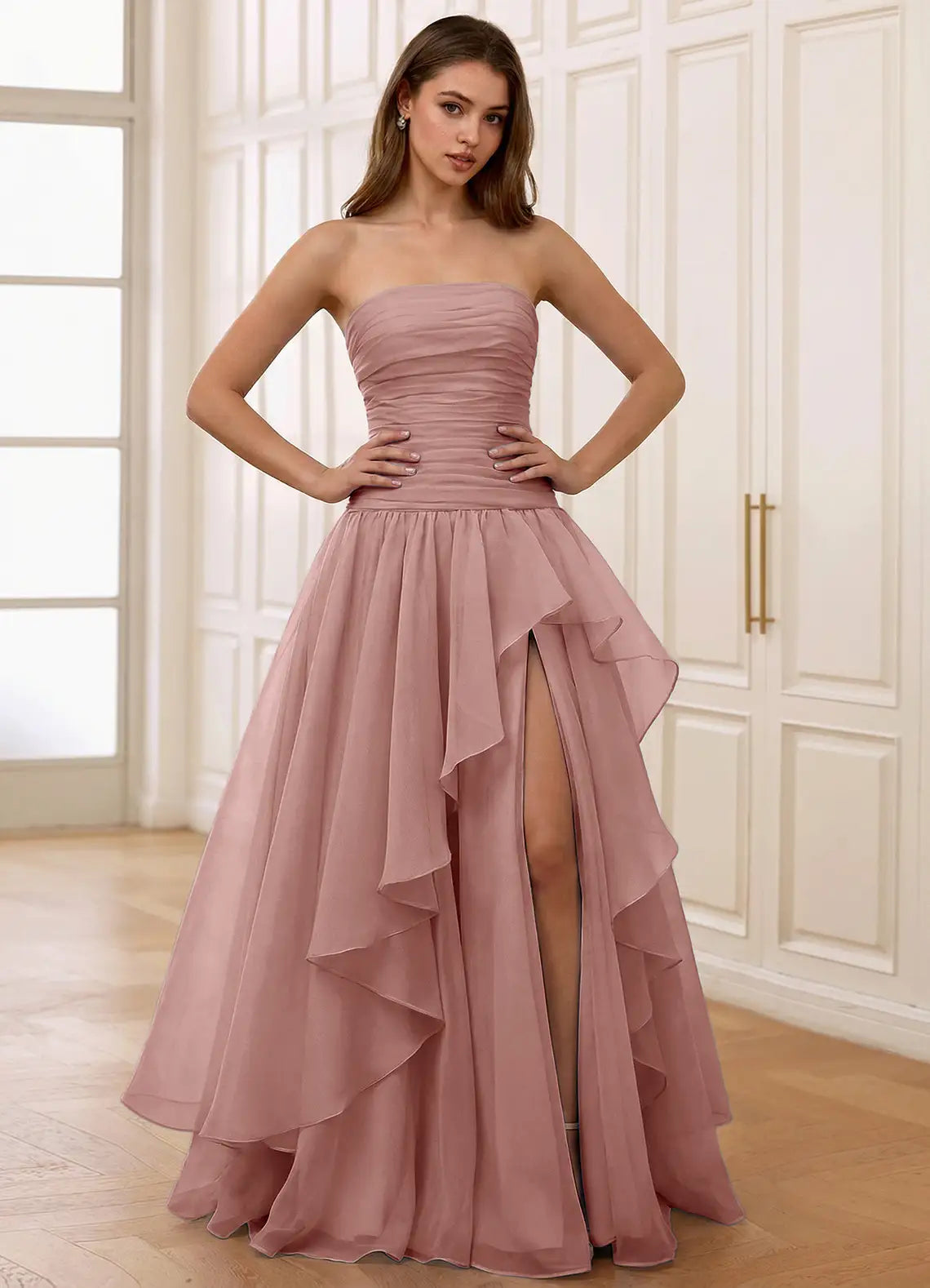 Dusty Pink Strapless Prom Dress With Ruched Bodice Corset Back Tiered Ruffle High Slit And Chiffon A Line Formal Prom Dress