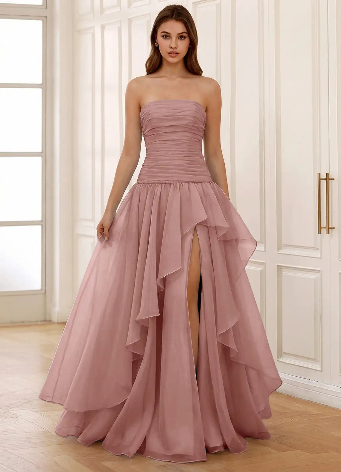 Dusty Pink Strapless Prom Dress With Ruched Bodice Corset Back Tiered Ruffle High Slit And Chiffon A Line Formal Prom Dress