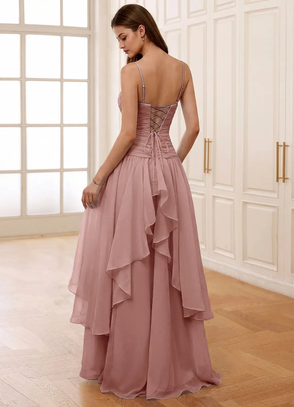 Dusty Pink Strapless Prom Dress With Ruched Bodice Corset Back Tiered Ruffle High Slit And Chiffon A Line Formal Prom Dress