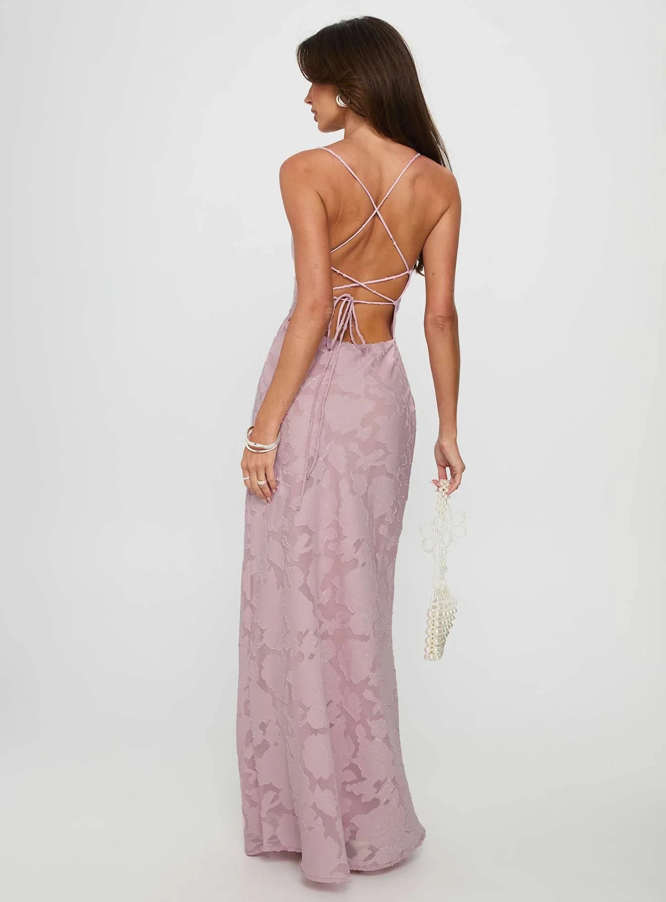 Dusty Pink Strapless Prom Dress with Floral Lace Detail and Lace-Up Back for Formal Events and Prom Nights