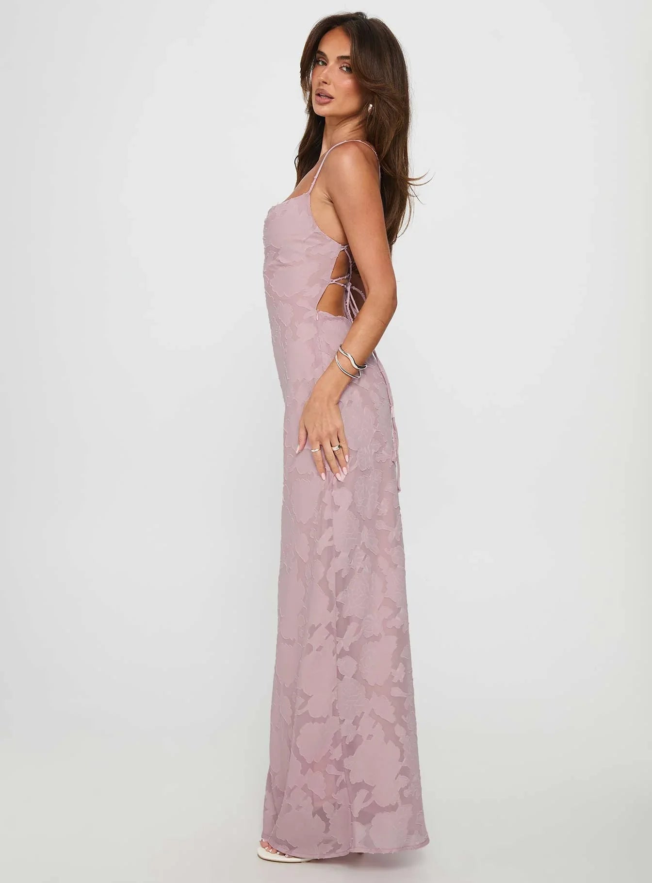 Dusty Pink Strapless Prom Dress with Floral Lace Detail and Lace-Up Back for Formal Events and Prom Nights