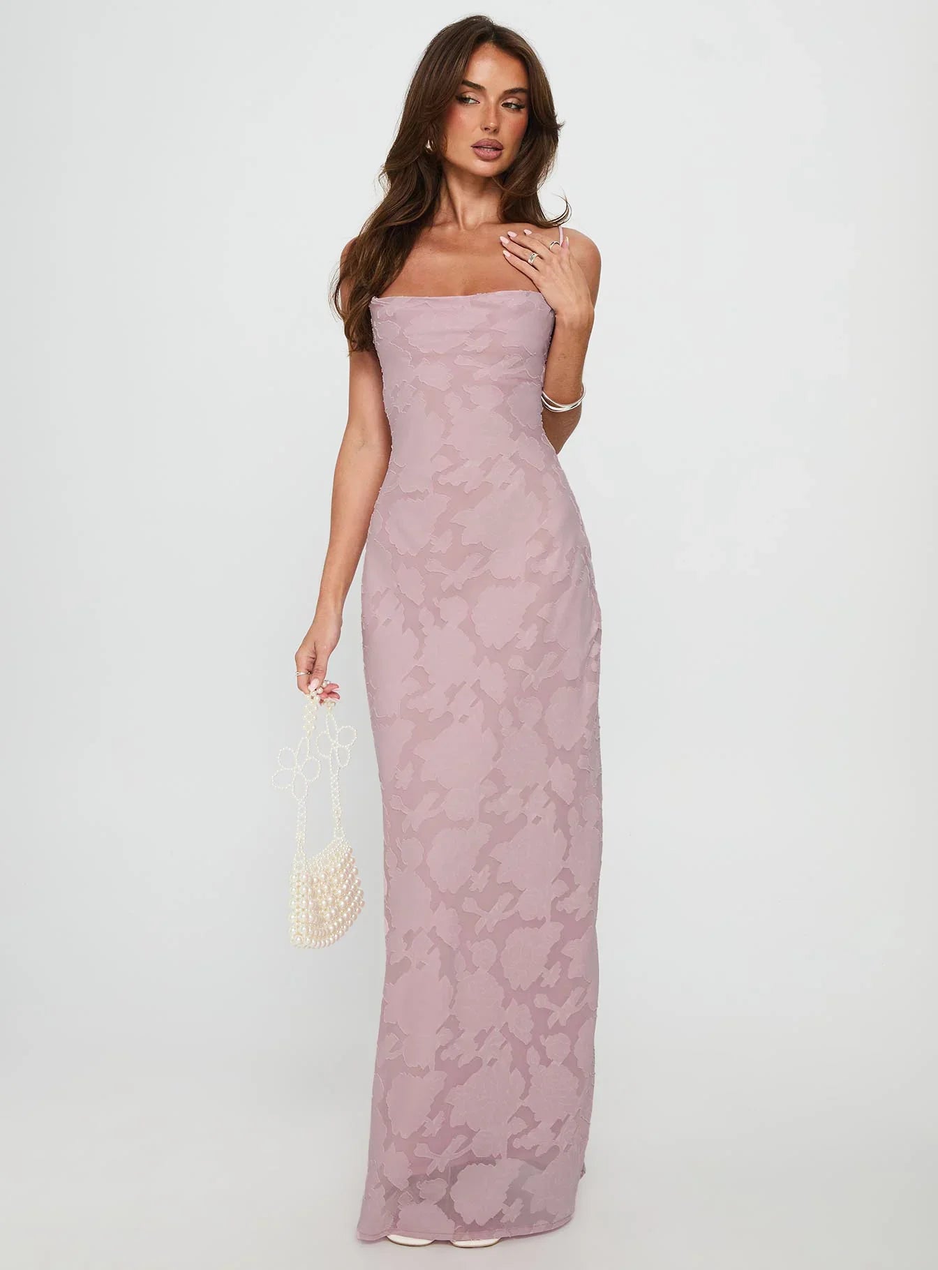 Dusty Pink Strapless Prom Dress with Floral Lace Detail and Lace-Up Back for Formal Events and Prom Nights