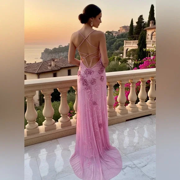 Dusty Rose Pink Floral Sequin Crisscross Back Maxi Evening Dress
