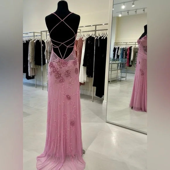 Dusty Rose Pink Floral Sequin Crisscross Back Maxi Evening Dress
