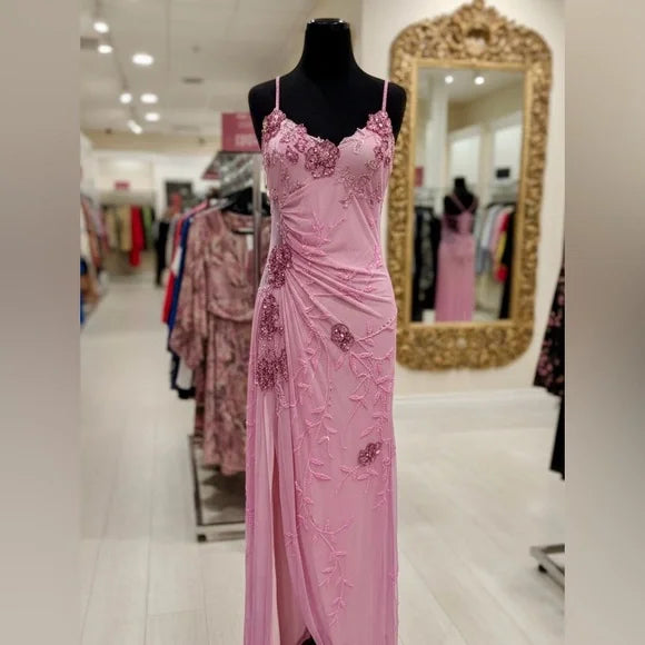 Dusty Rose Pink Floral Sequin Crisscross Back Maxi Evening Dress