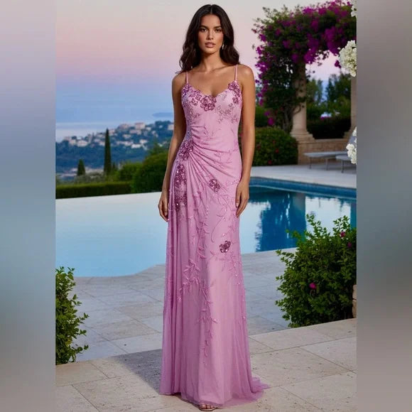 Dusty Rose Pink Floral Sequin Crisscross Back Maxi Evening Dress