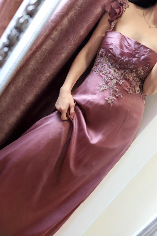 Dusty Rose Satin Square Neck Ruffled Strap Floral Lace Empire Waist Prom Dress