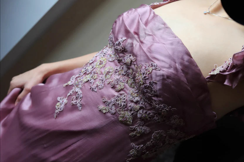 Dusty Rose Satin Square Neck Ruffled Strap Floral Lace Empire Waist Prom Dress