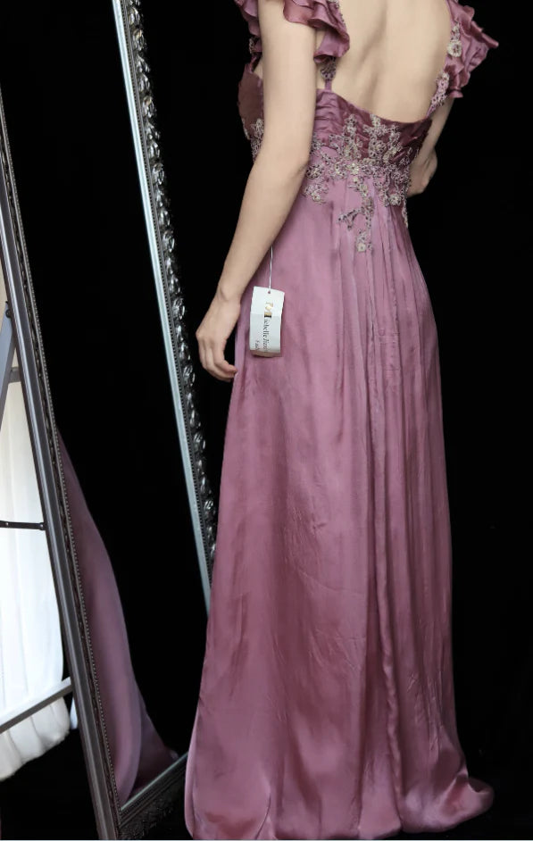 Dusty Rose Satin Square Neck Ruffled Strap Floral Lace Empire Waist Prom Dress