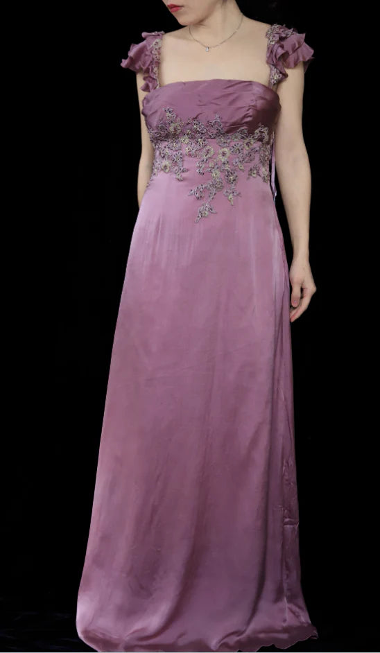 Dusty Rose Satin Square Neck Ruffled Strap Floral Lace Empire Waist Prom Dress